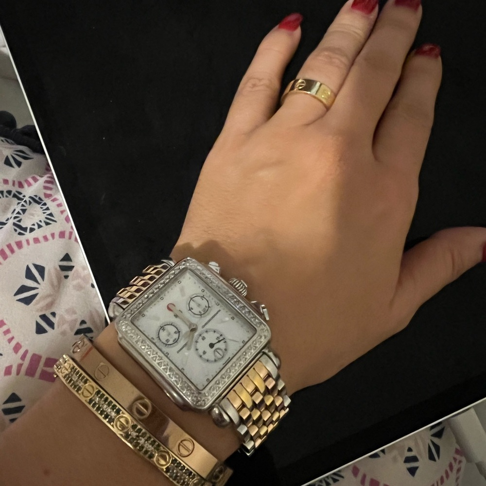 Michele Art Deco Watch XL yellow, silver and rose gold with Diamonds